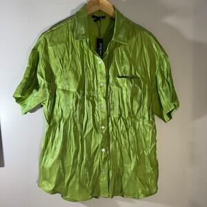 NWT Papermoon Neon Lime Green Crinkle Shirt Shiny Textured Short Sleeve Y2K